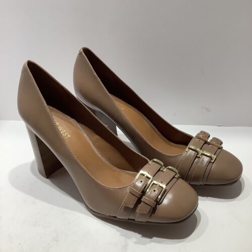 Nine West Tan Pumps with 4” Stacked Heel, Gold Buckle Accent Wmns Sz. 10.5M, New