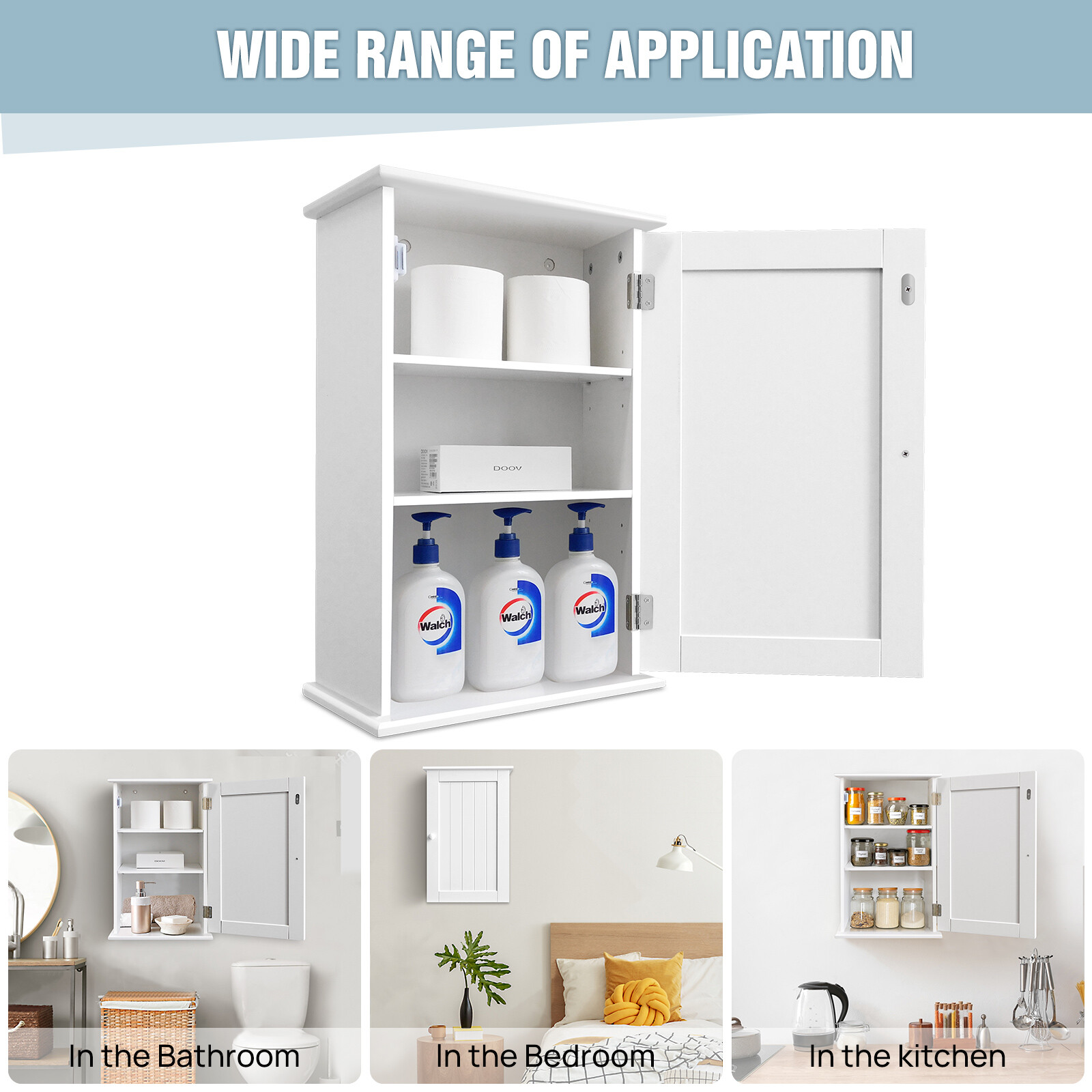 Bathroom Cabinet Single Wall Mounted Storage Cupboard 3-Tier Shelf, White - Image 2