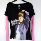Justin BIEBER Shirt NEW Girl’s 14/16 Black Pink Long Sleeve Layered Look T-Shirt