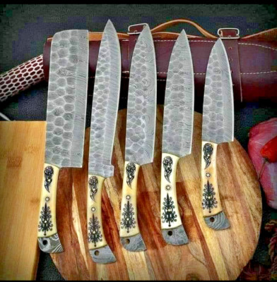 WILD CUSTOM HANDMADE 5 PIECES IN DAMASCUS  STEEL HUNTING CHEIF KITCHEN KNIFE