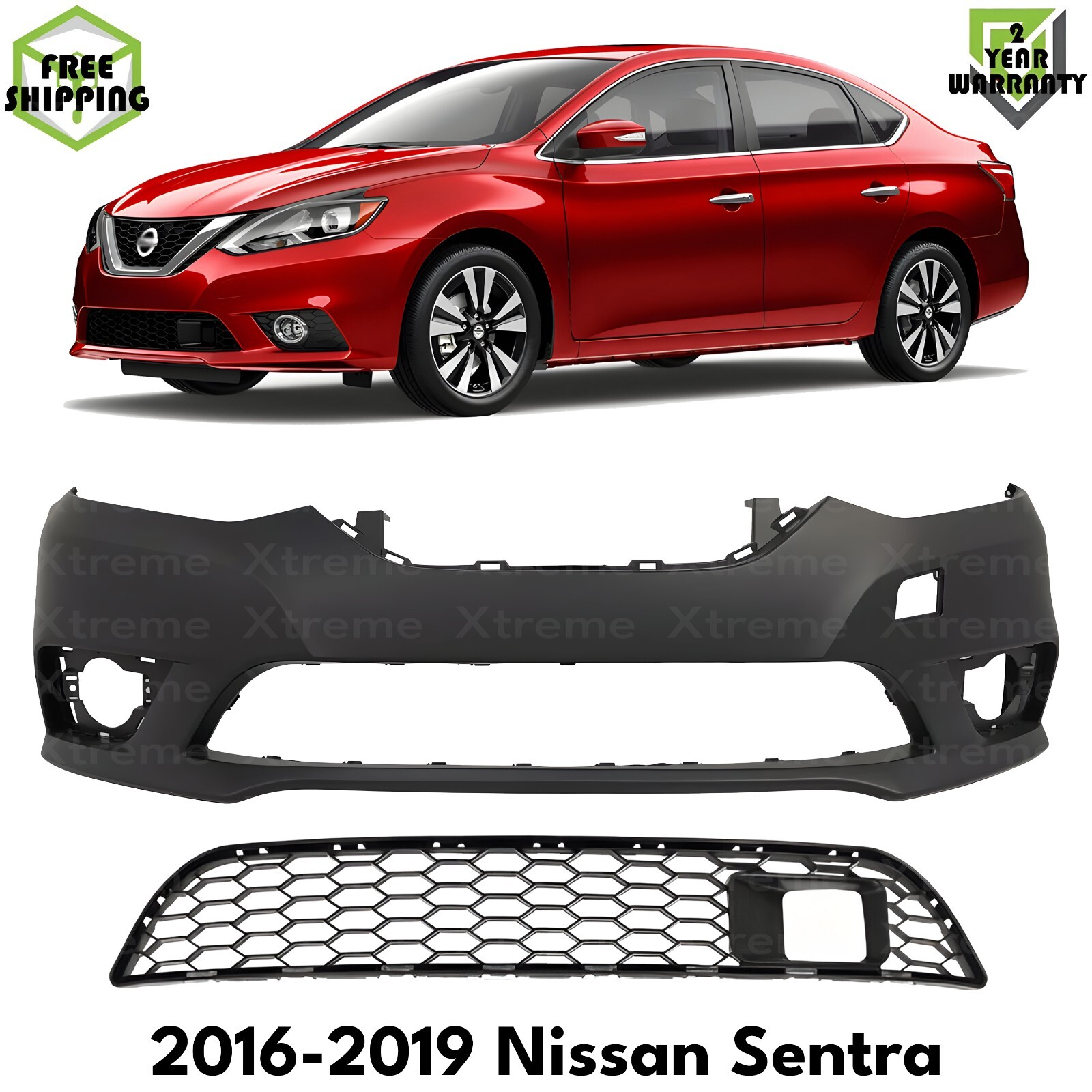 Front Bumper Cover Paintable & Bumper Grille Kit For 2016-2019 Nissan Sentra
