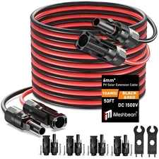 50 FT 10 AWG Black+Red Solar Panel Extension Cable w/ Female & Male Connectors