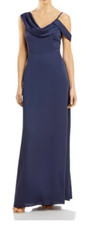 Aqua Women's Draped Asymmetric Cowl Neckline Gown Navy Sz 6