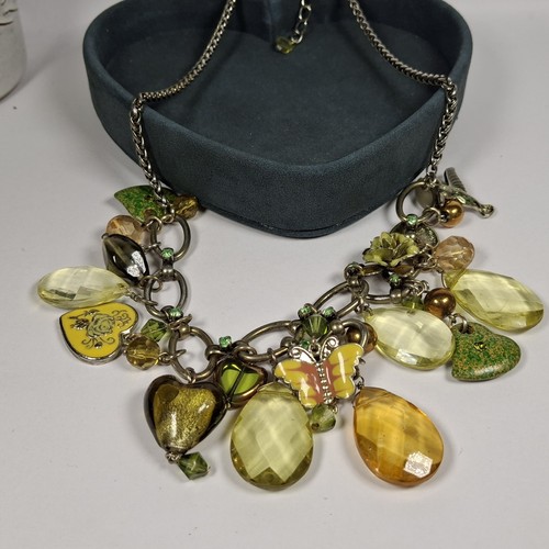 Chunky Charm Necklace Green Yellow Mixed Materials Hearts Butterfly Whimsy - Picture 16 of 24