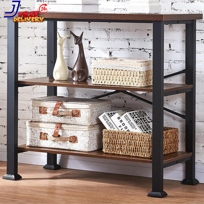 3-Tier Bookshelf Rustic Brown Short Bookshelf with Metal Frame and Wooden Deep