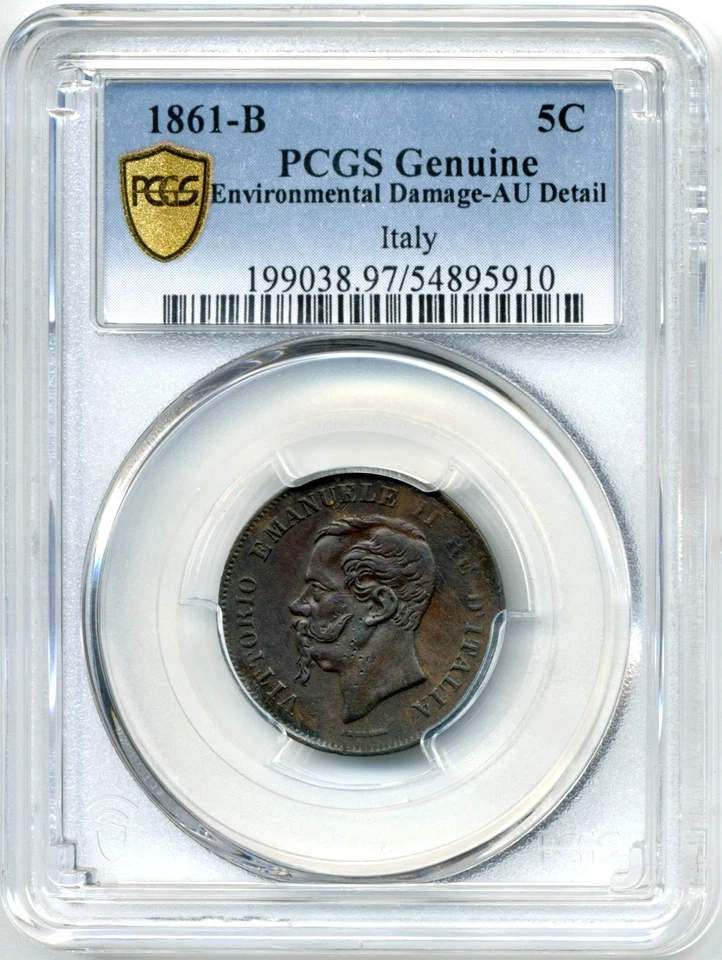 1861-B Italy 5 Centesimi, Victor Emmanuel II - PCGS AU Detail, RARE Issue - Image 2 of 3