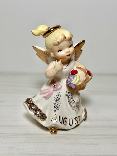 Vintage 1957 Lefton AUGUST Engel Mädchen Figur mit Strass, Heiligenschein, Spaghettibesatz