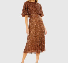 Mac Duggal 5577 Copper Brown Embellished Beaded Cape High Neck Midi Dress 8 NWT