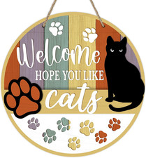 Welcome Hope You like Cats Front Door Sign, Black Cat Paw Prints Wood Door Han