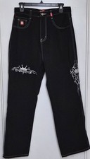 Vtg Y2K Tribal JNCO Jeans, Mns M 32 Embroidered Tribal Crown Design, Blk/Slv.