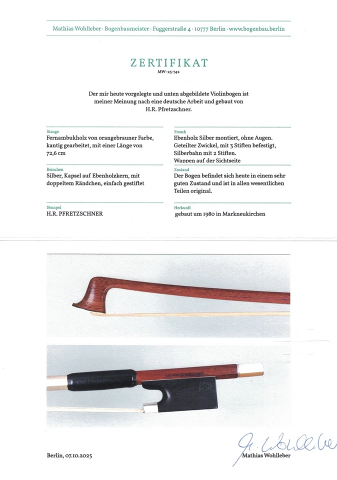 Violinbogen H.R. Pfretzschner – Silber montiert, Markneukirchen ca. 1980 - Bild 3 von 3