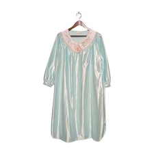 Vintage Cachet M Aqua Heavy Satin Emb Brushed Inside Nightgown Cottage Cozy