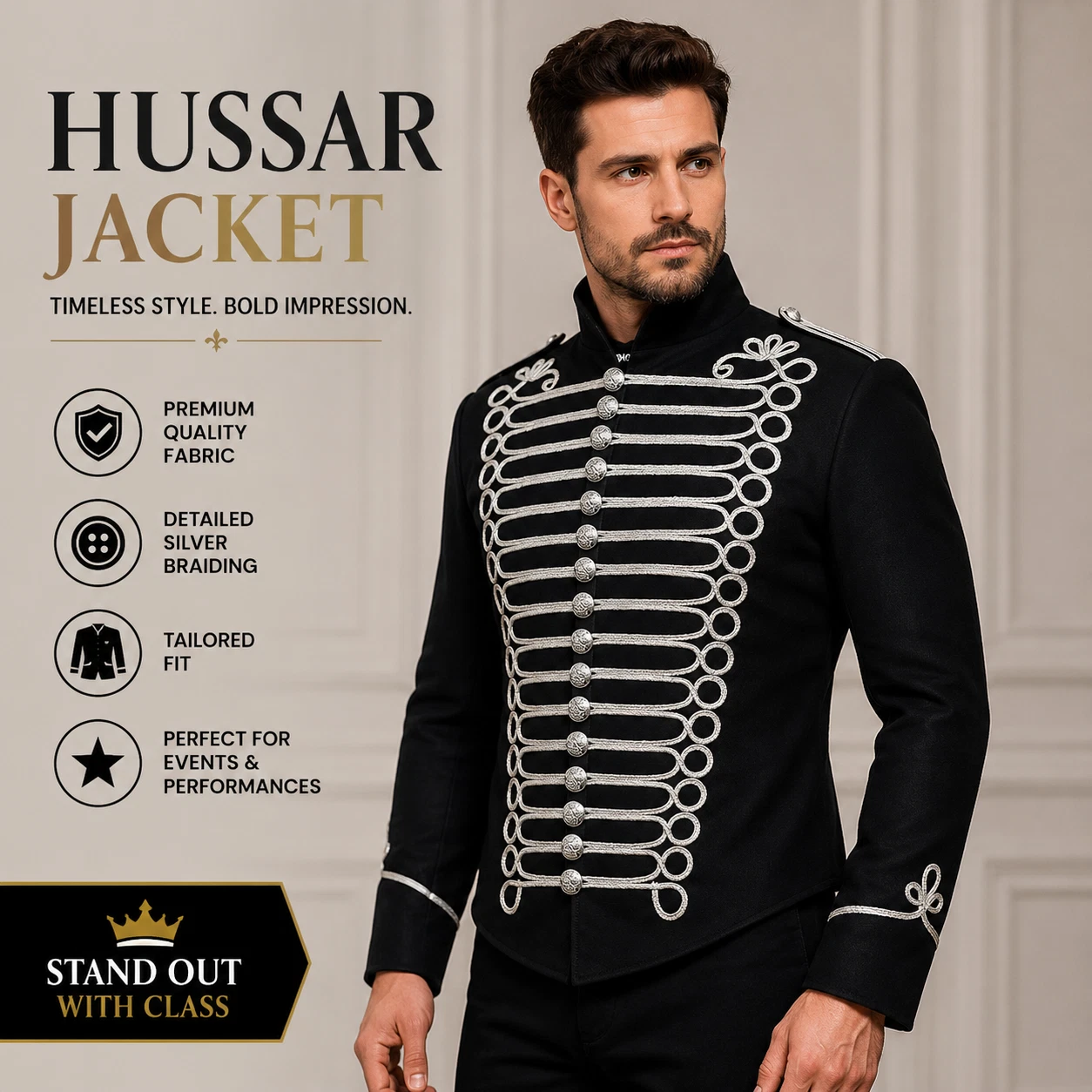 Hussar Jacket Mens Steampunk Military Tunic Napoleon Drummer Parade Jacket UK