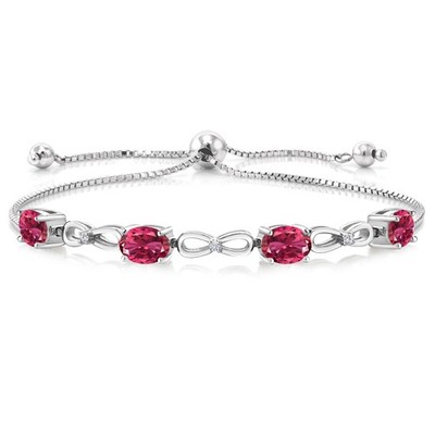 3.42 Ct Oval Pink Tourmaline E-F Lab Grown Diamond 925 Sterling Silver Bracelet