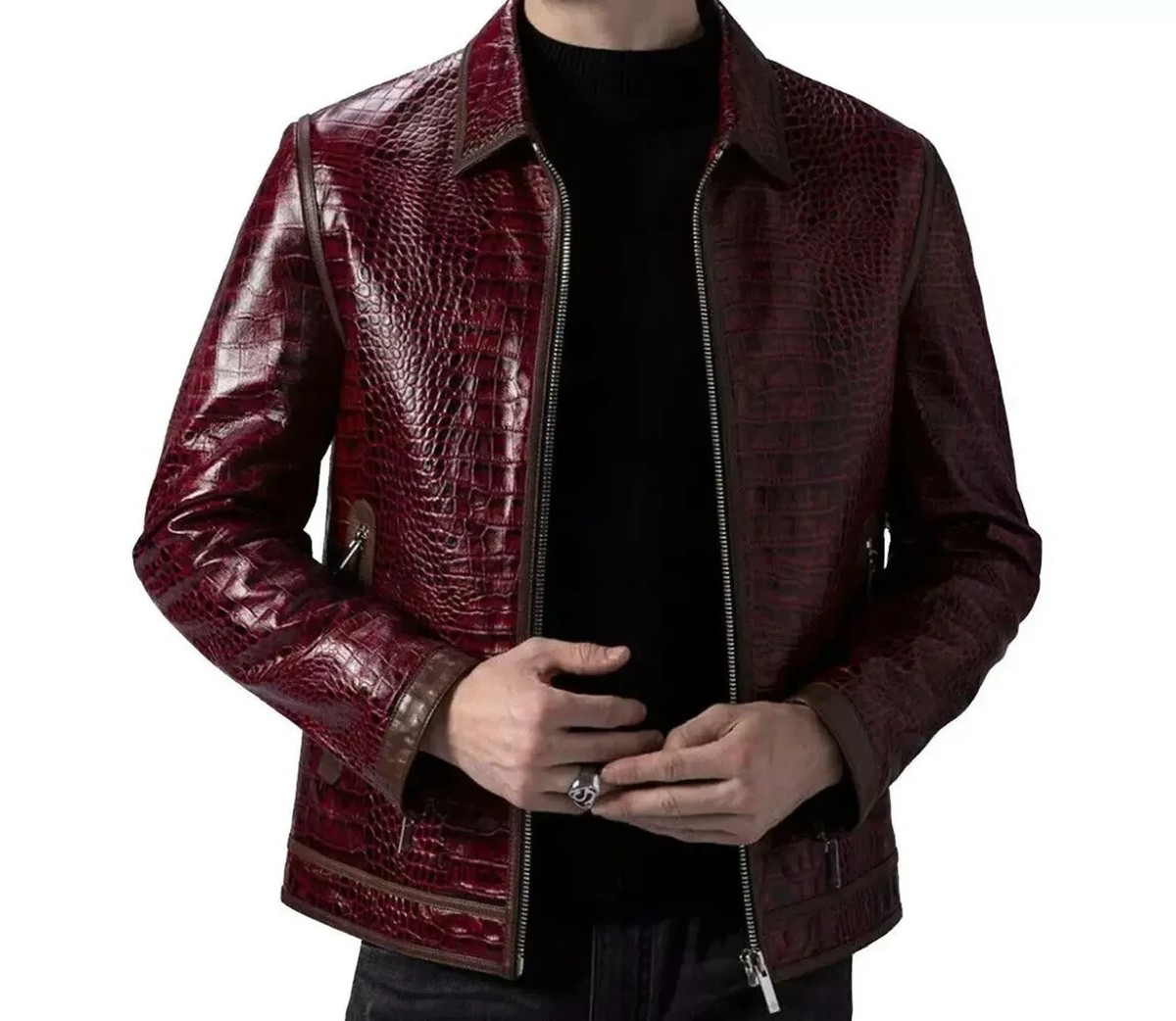 Burgundy Leather Jacket: Men's Luxury Crocodile Embossed Design | eBay