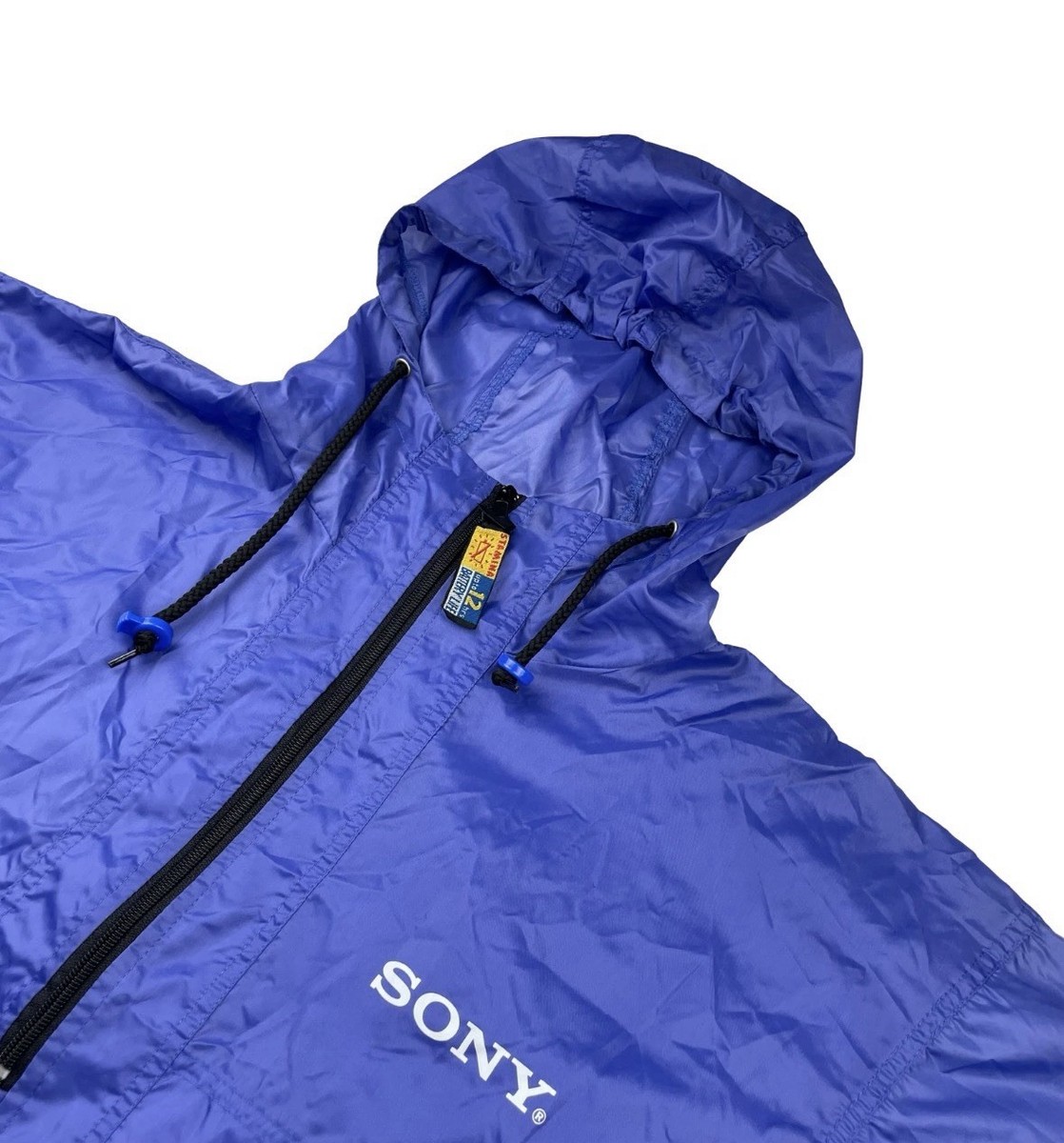 Mens Vintage 90s Sony Handycam Size XL Blue Hooded Anorak 1/4