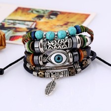 Ethnic Boho 4-Layer  Beaded Leather Set Adjustable Bracelets Leaf Charm Gothic