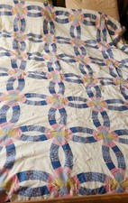 Vtg Patchwork Double Wedding Ring Print Tied Lightweight Bedspread Full/Queen