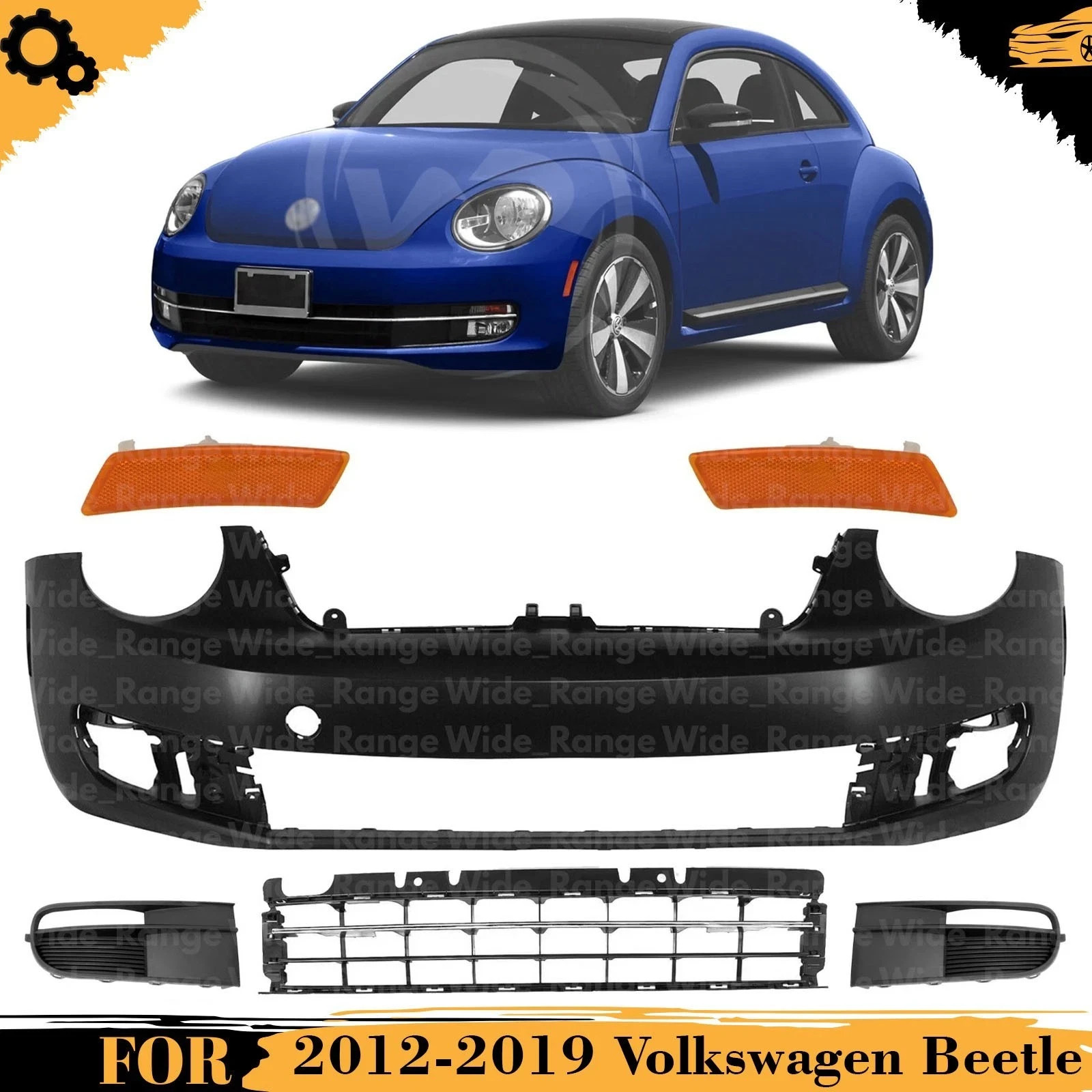 Front Bumper Cover Paintable & Lower Grille Kit For 2012-2019 Volkswagen Beetle