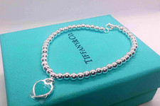 Return To/Tlffany C0/Bule Enamel Heart Tag Bead Bracelet 7.5"