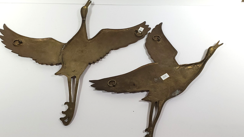 Vintage Pair Brass Geese Flying Wall Decor Nice Patina - Picture 18 of 24