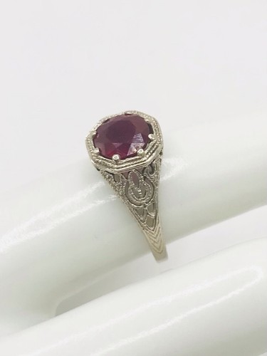 14k White Gold Filigree Natural Ruby Ring Sz7 - Picture 2 of 5