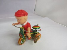 VINTAGE WIND UP BOY ON CYCLE TIN CELLULOID TOY COLLECTIBLE WORKS 119-D
