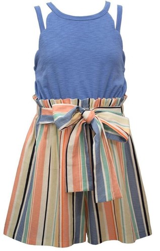 NWT Bonnie Jean Girls Size 7 Blue Scallop Sleeveless Multi-Stripe Bow Romper