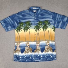 Vintage Pierre Cardin Hawaiian Shirt Mens Large Blue Palm Trees Woman Luau Rayon