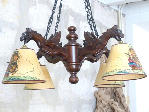 Large Vintage French Carved Wood Gothic Chimera Chandelier 6 Lights Gargoye 1950 - Picture 12 of 13