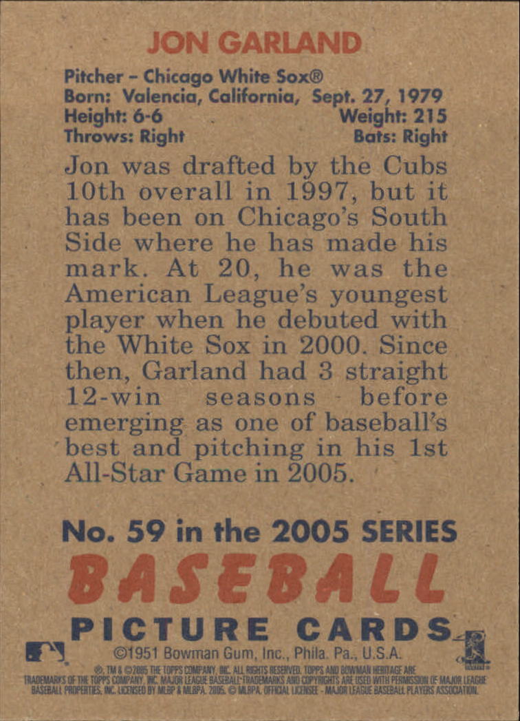 2005 Bowman Heritage Baseball Card #59 Jon Garland - Picture 2 of 2