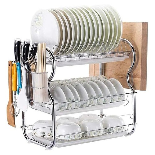 3 TIER KITCHEN SINK DISH DRAINER RACK WITH DRIP TRAY CUTLERY HOLDER PLATE RACK - Picture 3 of 8