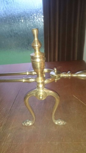 Pair of Brass Andirons Poker Rest Fire Dogs and a Pair of Long Tongs - Picture 6 of 11