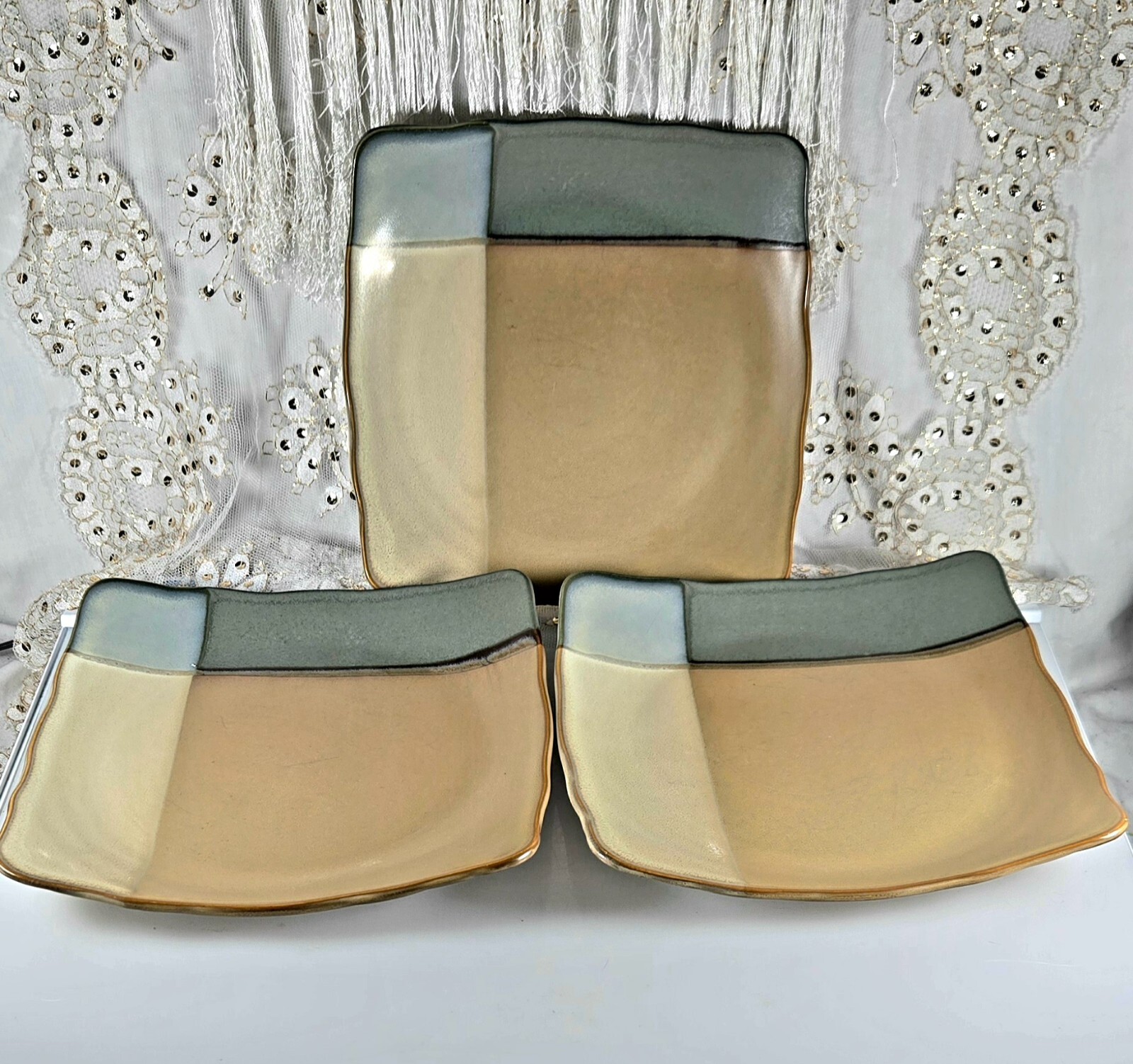Set of 3 Sango Gold Dust Green 5040 Square Stoneware Salad Plates 8.5