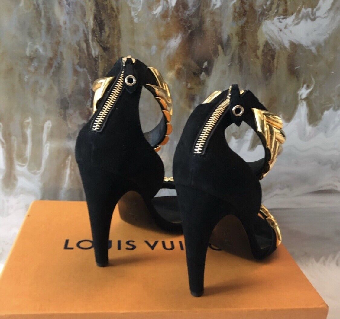 Rare Louis Vuitton Black Gold V Symphony Sandal Heels Sz 39 Rare Louis Vuitton Black Gold V Symphony Sandal Heels Sz 39