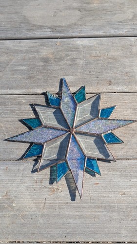10" Handmade Iridescent Stained Glass Star Suncatcher – Blue & Clear with Chip