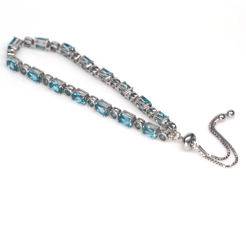 Gemstone Sky Blue Topaz & Blue Sapphire 925 Sterling Silver Bracelet 10.5" - Image 3 of 4