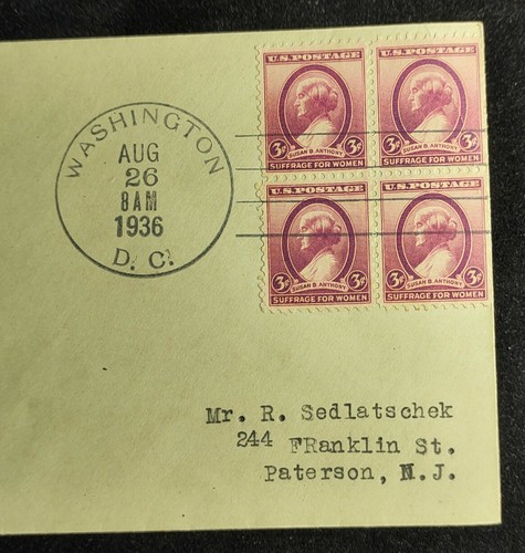Sc #784 – 1936 3c Susan B. Anthony Block of 4 FDC Aug 26 1936 Suffrage For Women - Picture 2 of 3