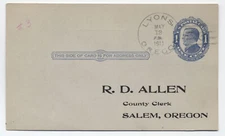 1911 Lyons OR doane cancel on postal card [6200.95]