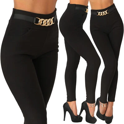 Hose Leggings Stretch Gold Kette Zierschnalle Treggings Röhre Stoff High Waist - Bild 1 von 4