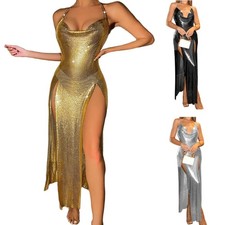 Sleeveless Backless Metal Sequins Long Dress with High Slit for Evening Event