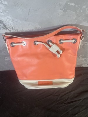 Vera bradley Women's Coral/light Tan Leather Drawstring Snap Pocket Bucket Purse