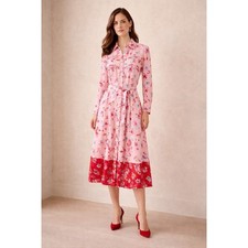 Nanette Lepore Pink Red Floral Belted Shirt Dress Button Down Long Sleeve | 4