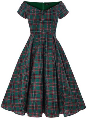 Dolly and Dotty Swing Kleid Lily Green Tartan Off-Shoulder Vintage Retro