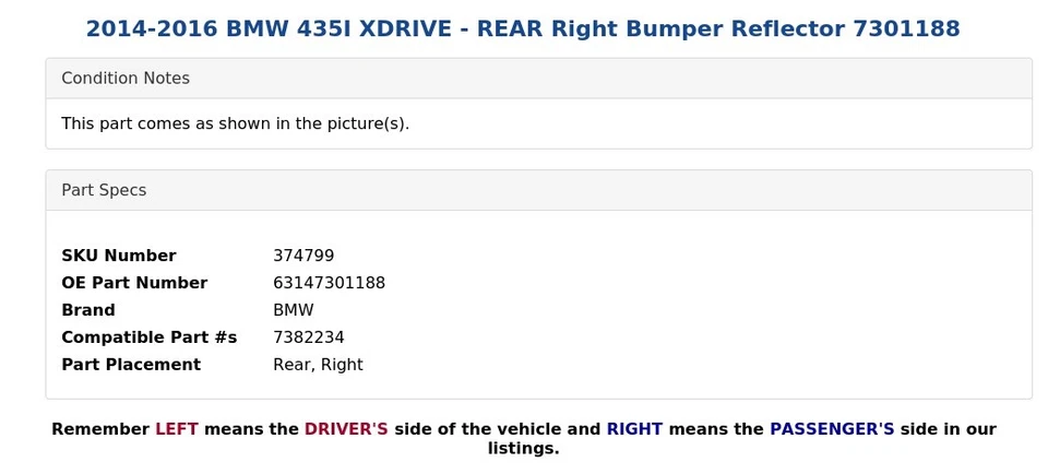 BMW 435I XDRIVE 2014-2016 - Reflector de parachoques trasero derecho 7301188 Foto 4 de 4