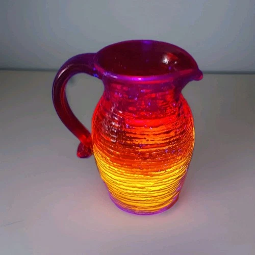 Blenko Art Glass Tangerine Strata Crackel Amberina  Textured Pitcher Vase
