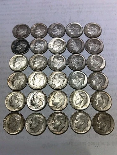 (30 Dimes) Roosevelt dimes,1946 -1964 $3 Face