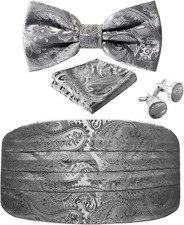 Paisley Cummerbund and Bow Tie Set Adjustable Formal Men's Charcoal Gray Cumb...