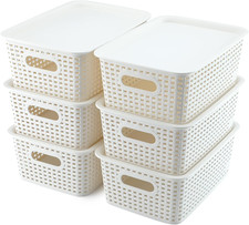 6 Pack Plastic Storage Bins with Lids, Stackable Organizer Baskets White