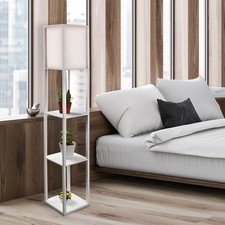 3-Tier Shelf Floor Lamp Shade Wooden Storage Standard Reading Light White UK